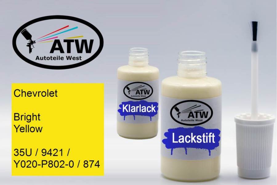 Chevrolet, Bright Yellow, 35U / 9421 / Y020-P802-0 / 874: 20ml Lackstift + 20ml Klarlack - Set, von ATW Autoteile West.